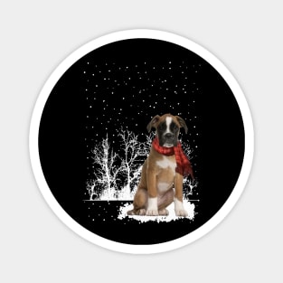 Christmas Boxer With Scarf In Winter Forest Magnet